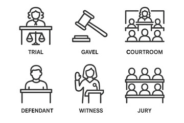 Plakat Courtroom icon set featuring judge, gavel, trial, defendant, witness, and jury