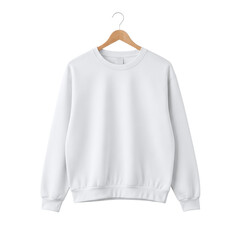 White sweatshirt clothing mockup hanging on a wooden hanger