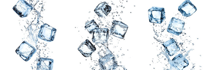 Set of falling pieces of ice in a splash of water isolated on transparent background PNG