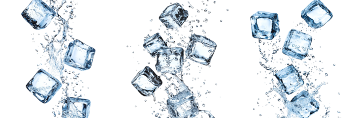 Set of falling pieces of ice in a splash of water isolated on transparent background PNG