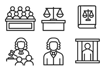 Justice system icons: court, scales, judges, and jail representations