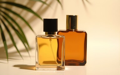 Two Amber Glass Perfume Bottles with Palm Leaves and Soft Shadows. High quality