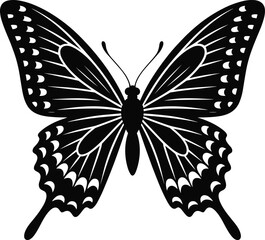 butterfly silhouette with intricate wing patterns, a beautiful black and white vector illustration, nature and elegance design element.