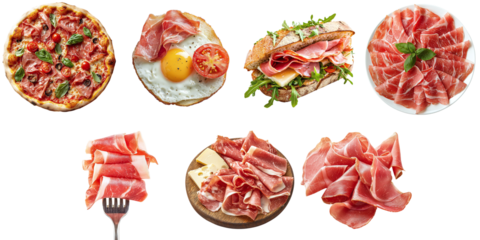 Set of delicious parma ham isolated on transparent background PNG