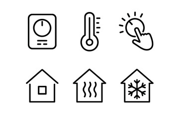 Smart home temperature control icons - thermostat, heat, cool, touch interface