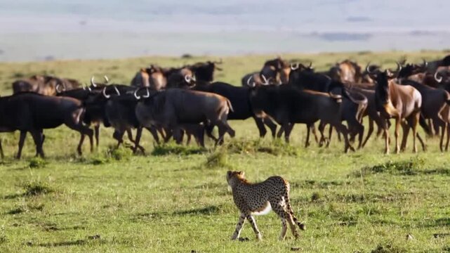 Cheetah Poised for Attack on Wildebeest Herd in Savanna 4K