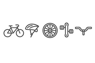 Minimalist bicycle icon set featuring bike, helmet, wheel, pedal, and handlebar design
