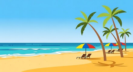 Fototapeta premium A serene tropical beach with swaying palm trees, crystal-clear turquoise water, and a bright blue sky creates a perfect summer paradise