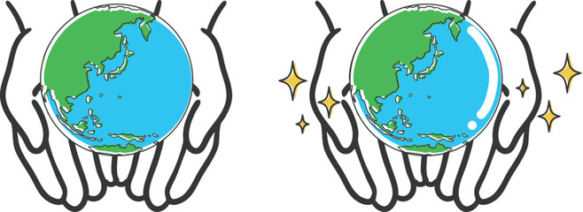 両手に地球を乗せたイラスト（日本周辺）　ベクター

