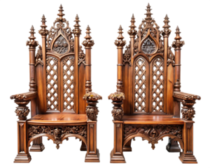 Two ornate gothic wooden thrones with intricate carvings isolated on white background PNG.AI Generated