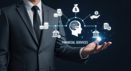AI Financial Services Concept: Businessman Presenting Fintech Solutions and Digital Banking Innovation for Investments