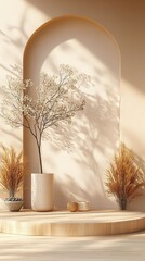 Beige, wooden podium with potted plants and soft light.