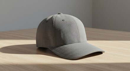 A blank gray baseball cap mockup on a wooden table. Simple and clean headwear template for design presentation with natural sunlight