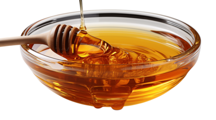 Golden honey flows, fills glass bowl with dipper. Demonstrates honey's texture, light, and deliciousness. Perfect for product shots, recipes, or food blog illustrations.