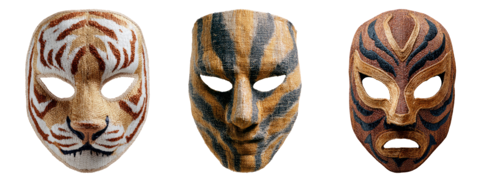 Three Unique Tiger Masks on Transparent Background for Isolated Display