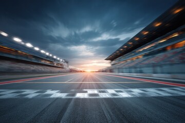 Obraz premium Speedway Racing Track at Twilight: Asphalt, Grandstands, and Dramatic Sky for Motorsport and Competition