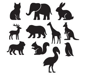 Naklejka premium Wild Animal Silhouette Icon Set – Jungle, Safari, Zoo Vector Illustrations