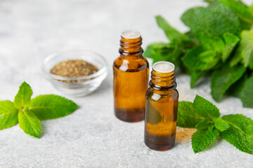Essential oil mint on a wooden background. Peppermint essential oil with fresh mint leaves. A bottle of aromatherapy oil. Mint extract. The concept of natural cosmetics, spa care. copy space