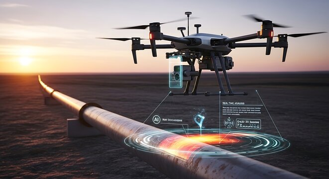 Drone Inspecting Pipeline with AI Analysis at Sunset, Technology and Infrastructure