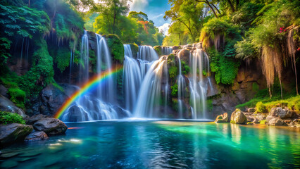 Rainbow waterfall cascading into hidden jungle pool surrounded by greenery