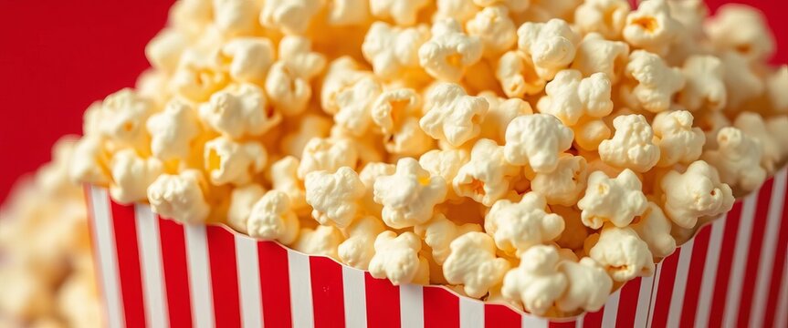 Red and white striped popcorn box overflowing with fluffy popcorn, close-up,  imagery,  thing