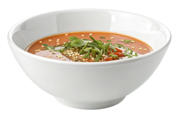 A steaming bowl of spicy tomato soup with fresh green herbs and sesame seeds isolated on transparent background
