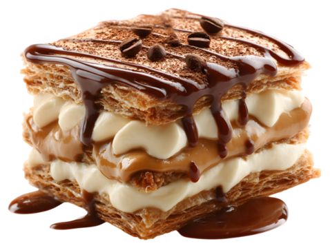 Layers of Sweetness: Close-up shot showcasing a delectable mille-feuille pastry with luscious layers of cream, caramel, and chocolate.