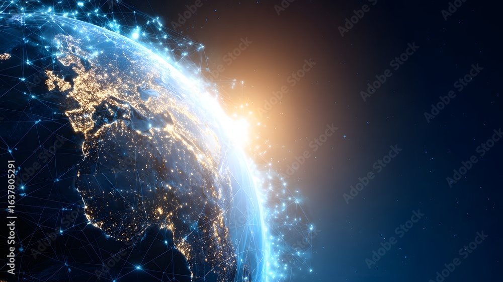 Poster global network of interconnected cities displayed on a detailed world map.