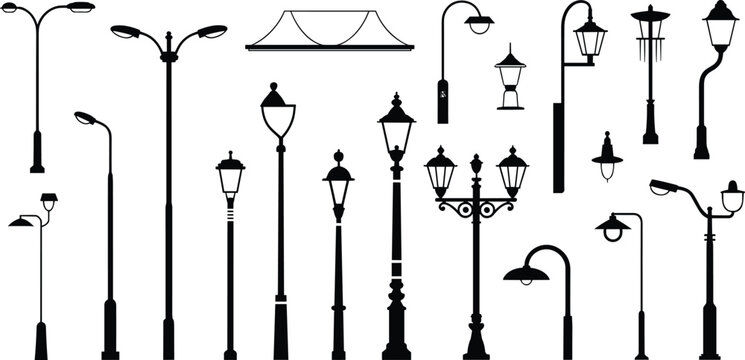 Collection of street lamp and streetlight silhouettes in various styles, a set of outdoor lighting vector illustrations for urban and landscape design elements.