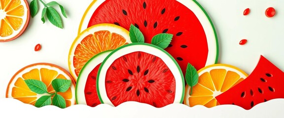 Vibrant watermelon & orange slices layered paper cut design, summer fruit theme, template, ripe