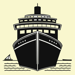 Classic Black and White Illustration of a Majestic Ocean Liner, Front View, Nautical Theme, Elegant and Sophisticated Design, Two Small Sailboats in the Background, Calm Sea, Vintage Style Graphic.