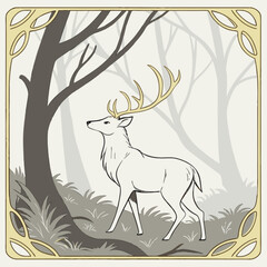 Minimilist illustration of a deer with golden antlers standing in a forest with a decorative border around it vector