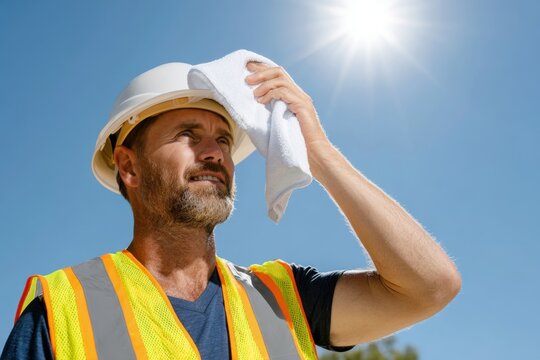 Construction worker wiping sweat from his forehead, on a sunny day, wearing safety gear.