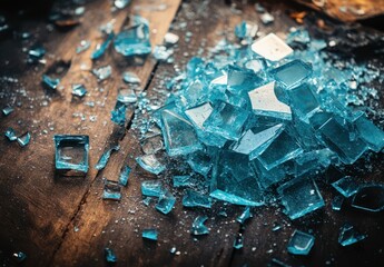 Shattered Blue Glass Pieces on Wooden Surface with Sparkling Reflections and Sharp Edges