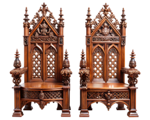 Two ornate gothic wooden thrones with intricate carvings isolated on white background PNG.AI Generated