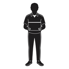 Delivery Person Silhouette:  Professional, Simple, Black and White Vector Illustration of a Courier Holding a Package, Ready for Website or App Use, Minimalist Design, Corporate Style.