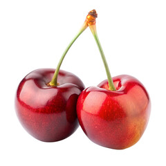 Two Fresh Red Cherries with Stems Intertwined on Transparent Background, Perfect for Design