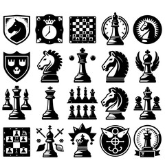 Collection of various chess pieces in black and white including knights pawns kings and other symbols