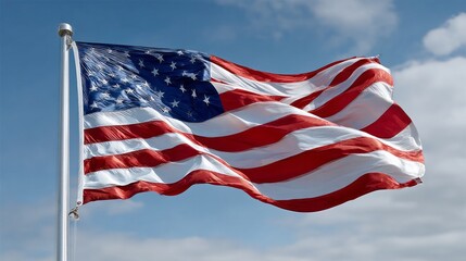 Fototapeta premium National flag of United States waving proudly against a blue sky with clouds