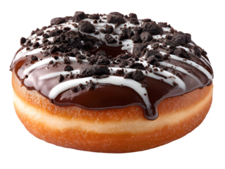 Indulgent Doughnut Delight: A close-up shot showcasing a delectable doughnut generously coated with chocolate, complemented by a scattering of biscuit pieces and a drizzle of creamy frosting.