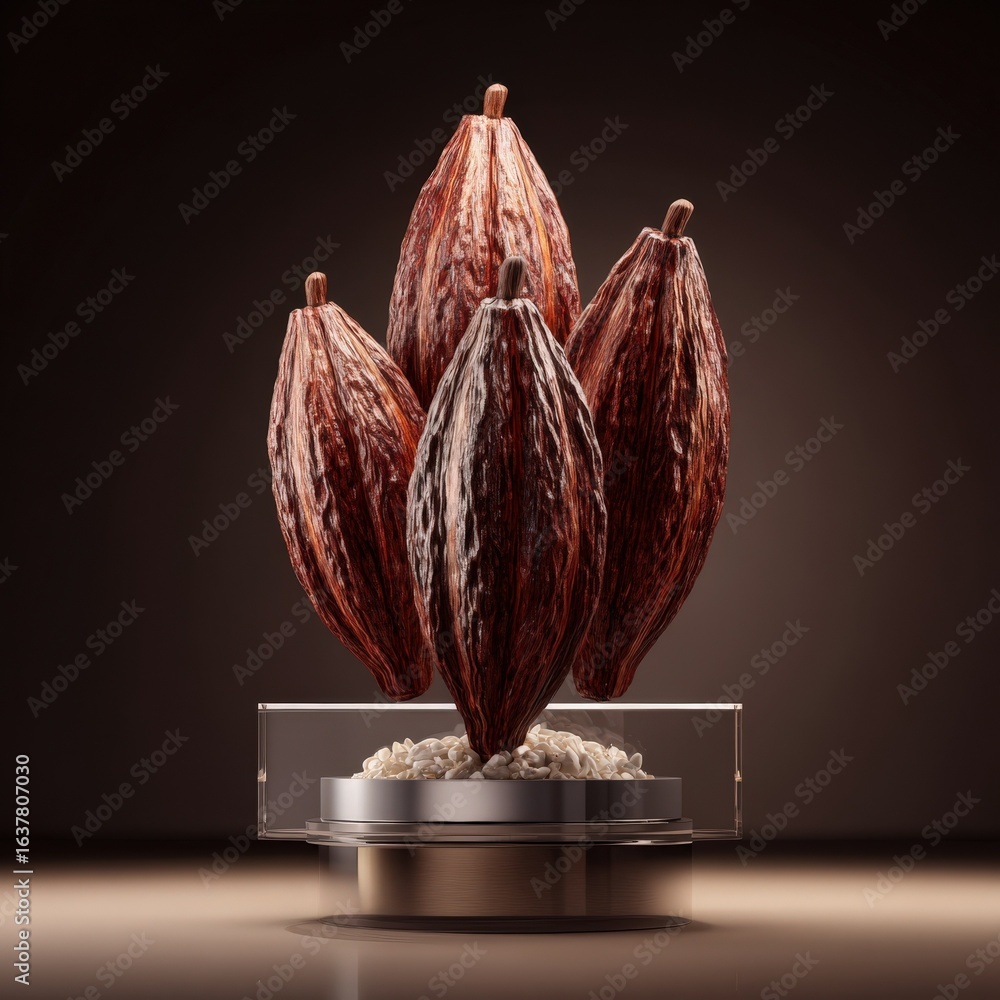 Poster exquisite cocoa pods displayed on modern stand high quality image of cocoa beans ready for chocolate