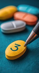 Close-up of a yellow pill marked with a number 3, alongside various pills and a pen