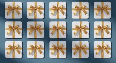 Festive Array of White Gift Boxes Adorned with Elegant Gold Ribbons for Celebrations