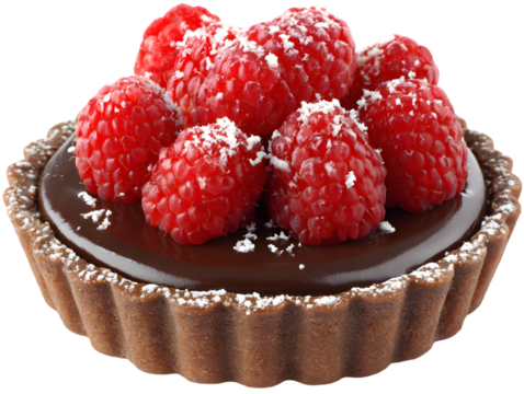Chocolate Raspberry Tart: A gourmet delight, featuring a decadent chocolate filling crowned with plump, ruby-red raspberries and a dusting of powdered sugar.