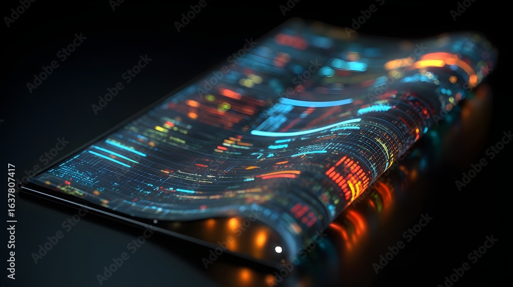 Poster a futuristic, flexible display with glowing data streams.