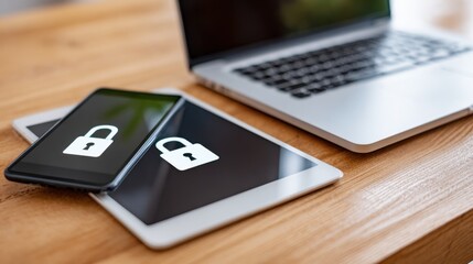 A phone and tablet displaying lock icons, laying on a wooden table next to a laptop, suggesting data protection across devices.