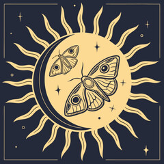 Minimilist illustration of two moths with eye spots on wings against a sun and moon background in a dark frame vector
