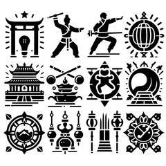 Collection of asian themed icons featuring martial arts temples and decorative elements design