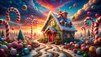 Fototapeta premium Surreal candy land with haunted gingerbread house and lollipop trees