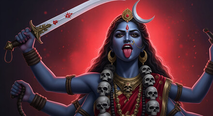 Kali with extended tongue and weapons in red background digital illustration
